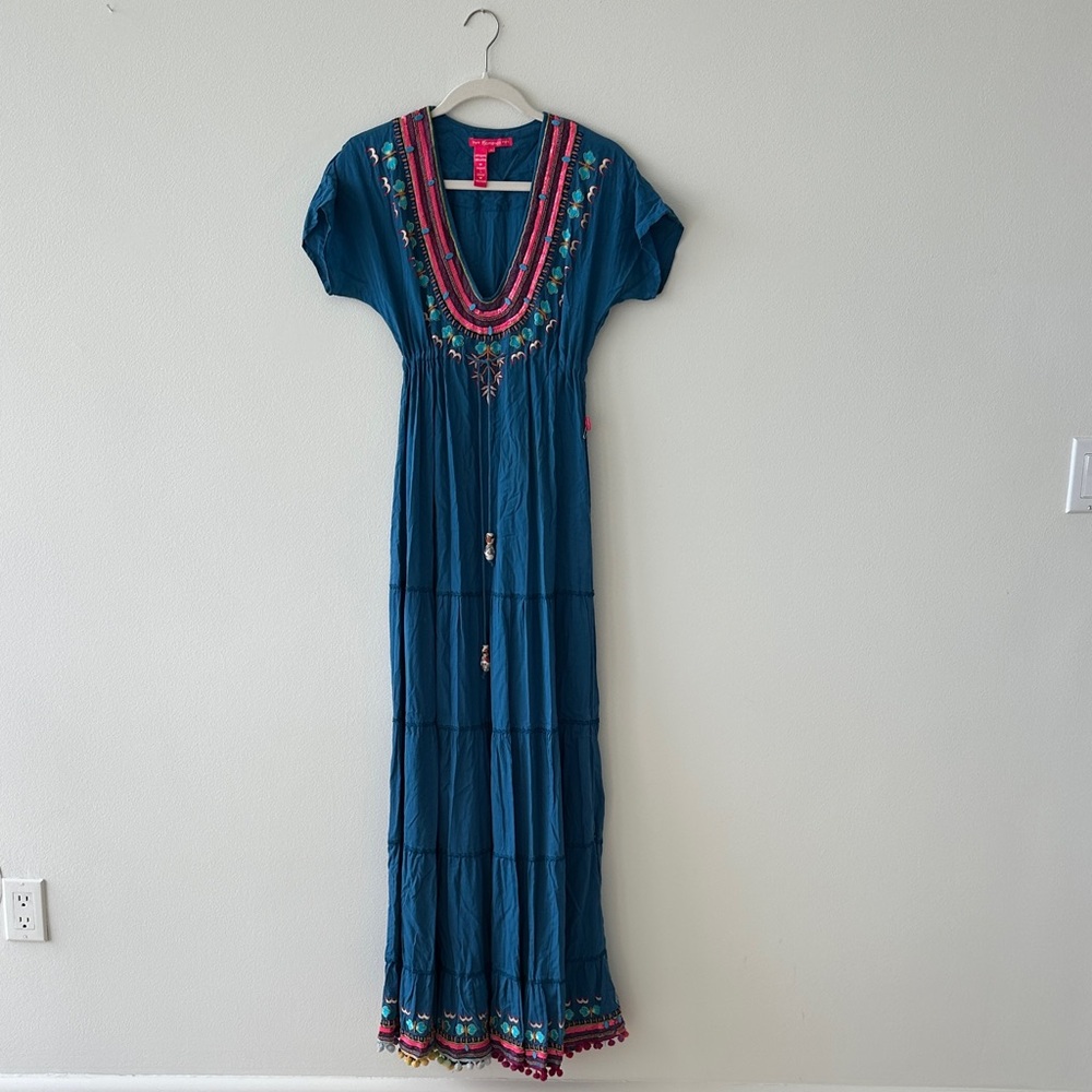 Bohemian Teal Maxi Dress with Embroidery